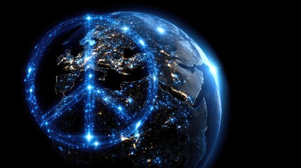 A vibrant depiction showcases Earth illuminated by a luminous peace symbol. This artwork emphasizes the importance of harmony and solidarity during international peace month, inspiring global unity