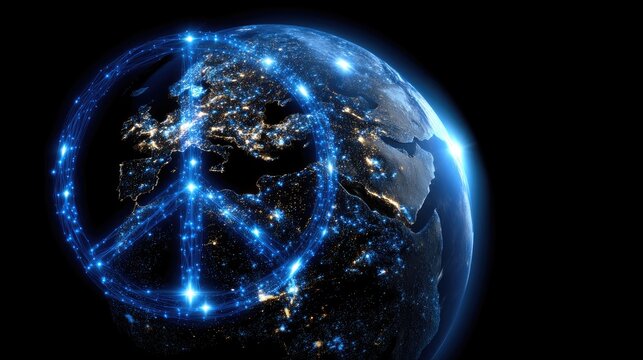 A vibrant depiction showcases Earth illuminated by a luminous peace symbol. This artwork emphasizes the importance of harmony and solidarity during international peace month, inspiring global unity