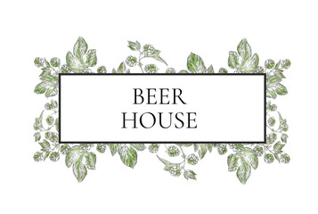 Watercolor banner border background featuring hop branches with cones and leaves, ideal for beer branding, brewing presentations, brewery ads, or botanical and floral themed designs. Floral, leaves.