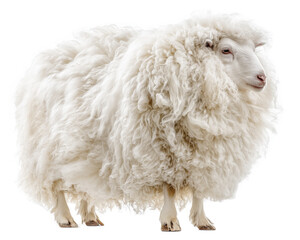 Sheep with thick white wool poses calmly, isolated on white  background