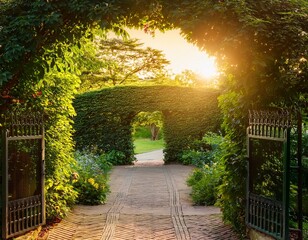 golden hour sunlight streams through the gates of a lush summer garden illuminating vibrant green foliage and a tranquil pathway perfect for travel nature or summer themes beauty vacation