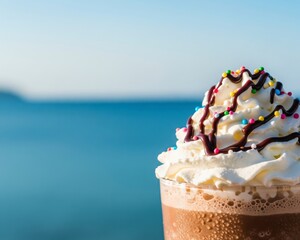 A refreshing summer treat: an iced mocha with whipped cream and sprinkles, enjoyed on a vacation by the blue ocean
