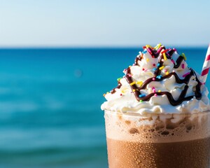 A refreshing summer treat: an iced mocha with whipped cream and sprinkles, enjoyed on a vacation by the blue ocean
