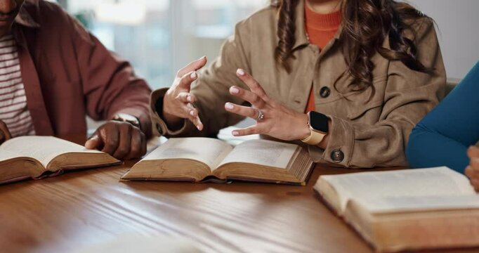 Bible study, group and hands with discussion of scripture for holy knowledge, religion or faith. Christian community, learning and circle of people in home with worship, support or spiritual guidance