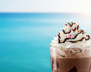 A refreshing summer treat: an iced mocha with whipped cream and sprinkles, enjoyed on a vacation by the blue ocean
