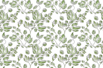 Watercolor seamless pattern background featuring hop branches cones and leaves, ideal for beer branding, brewing presentations, brewery ads, or botanical and floral themed designs. Floral, leaves.