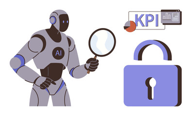 AI robot holding magnifying glass alongside KPI metrics chart and secure padlock. Ideal for technology, artificial intelligence, data analysis, cybersecurity, research, business strategy, and simple