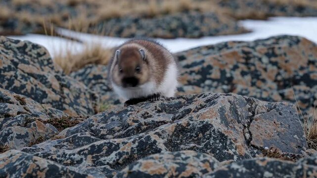 A close-up video captures a small animal nestled among rugged rocks in a natural landscape, with a low-angle perspective highlighting the textured terrain.