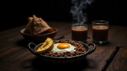 Casamiento Beans, Fried Plantain, Egg and Pinolillo Corn Cacao Drink, Nicaraguan Cuisine