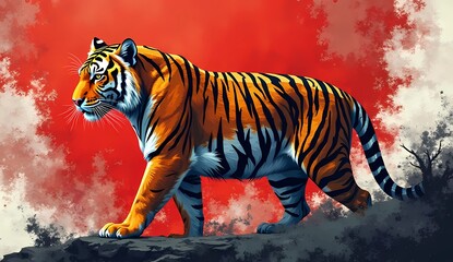 Vector illustration of a tiger walking against a red sky and white clouds. AI generated