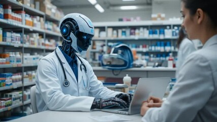 An AI agent doctor on a laptop in a pharmacy, symbolizing agent collaboration in healthcare with a pharmacist and online virtual support. 4k video - Powered by Adobe