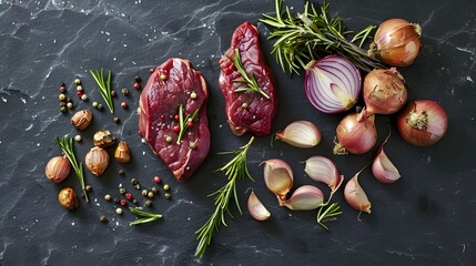 Two pieces of raw meat are displayed with rosemary, peppercorns, shallots, red onions, and garlic cloves on a dark, textured surface.