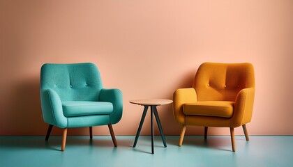 two armchair with single table isolated on pastel background generative ai