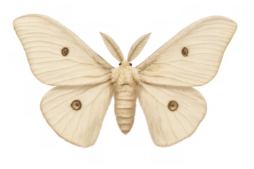 Close-up of a white silkmoth displaying its delicate wings and feathery antennae, isolated on a transparent background