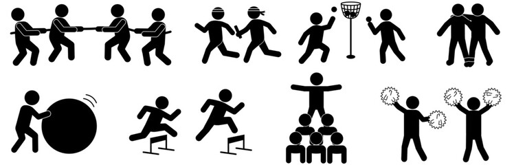 運動会の種目を表すピクトグラムセット・綱引きリレー玉入れなど複数競技のシルエット素材