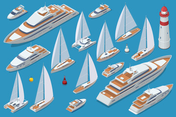 An extensive Isometric collection of diverse luxury yachts, sailboats, and motorboats, alongside nautical elements like buoys and a lighthouse, all on a blue background © Golden Sikorka