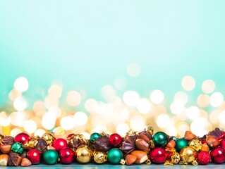 Christmas ornaments and nuts arrangement bokeh