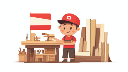 Playful Cartoon Illustration of Indonesia Flag on Wooden Texture Background
