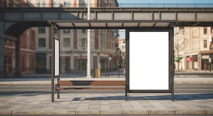 Vertical blank advertising billboard mockup at a modern bus stop shelter on a city street with a blurred urban background.