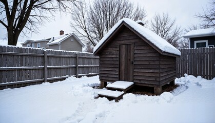 Snow-covered wooden chicken coop in a winter backyard surrounded by a wooden fence and leafless trees, concept of sustainable living or homesteading