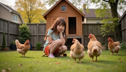 Thoughtful young girl interacting with curious chickens in a lush backyard, featuring a rustic chicken coop and vibrant greenery, concept of sustainable living or organic farming
