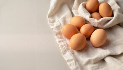 Fresh brown eggs arranged elegantly on a soft linen cloth background, representing farm freshness and culinary delights, concept of organic farming or culinary arts