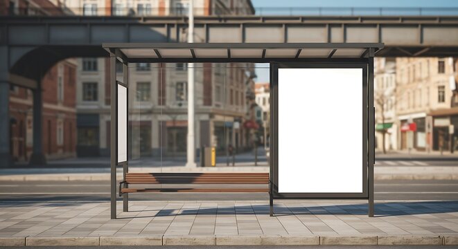 Vertical blank advertising billboard mockup at a modern bus stop shelter on a city street with a blurred urban background.