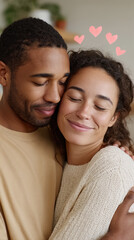 Obraz premium Young african male and hispanic female embracing with hearts