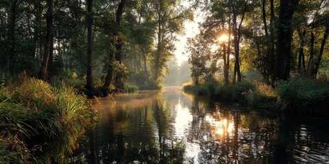 Obraz premium Serene Stream: Golden sunlight filtering through lush green foliage onto a tranquil stream creating a harmonious reflection and capturing nature's serene beauty.