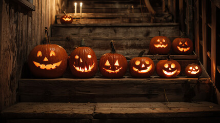 Group of illuminated Halloween pumpkins lined on wooden steps during an autumn night