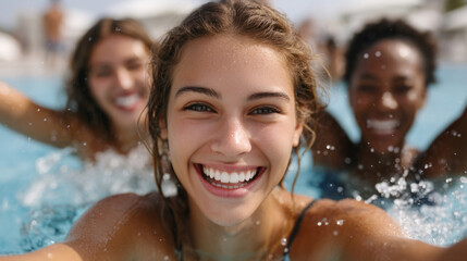 Joyful group of friends splashing in water with arms raised in celebration