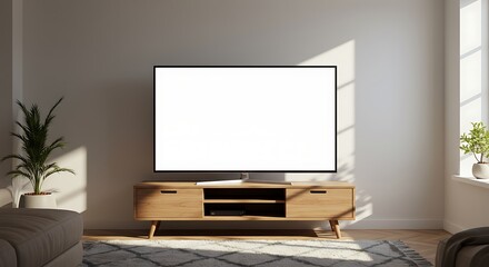 Modern Living Room with Blank White TV Screen on Wooden Console for Digital Display Mockup
