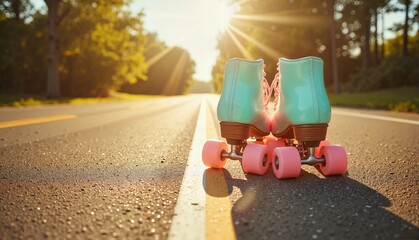 Vintage roller skates with pink wheels positioned on an empty sunlit road surrounded by greenery, retro concept of sports gear or roller skating.