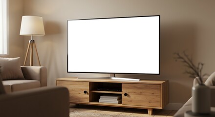 Modern Smart TV with Blank White Screen in Contemporary Living Room, Perfect for Customizable Digital Content and Personalized Entertainment.