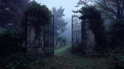 Foggy cemetery entrance with vintage wrought iron gates and overgrown foliage at dawn