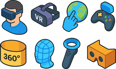 Isometric virtual reality icons: gaming, 360 videos, and global interaction