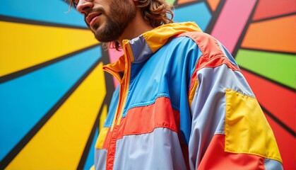 Stylish young man wearing a colorful windbreaker jacket posing against a vibrant geometric background with bold patterns, urban art concept of fashion or lifestyle brand