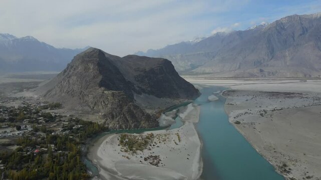 Aerial view of Indus River and Skardu Fort, Pakistan.