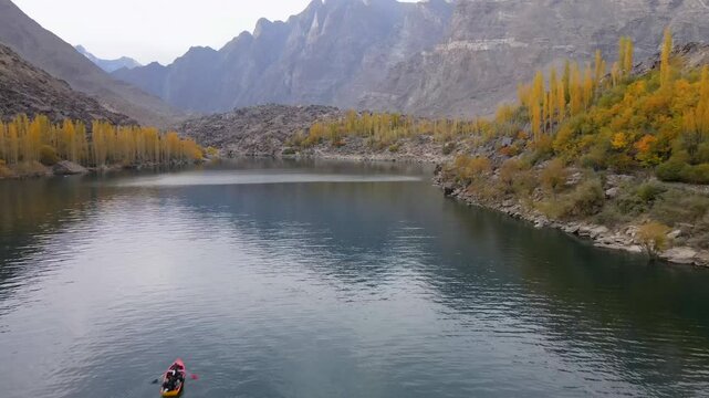 Aerial view of Kachura Lake and mountains, Pakistan.