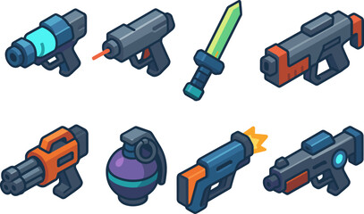 Naklejka premium Isometric stylized sci-fi weapons collection: futuristic guns and gear