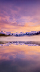 Fototapeta premium Serene mountain reflections shimmer on a tranquil lake under a breathtaking, colorful sky at dusk, offering a peaceful vista.