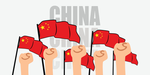 hand with flag of the China or China independence day vector illustration of China flag with gray background banner or greeting card