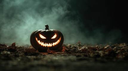 Spooky carved pumpkin glowing in the dark surrounded by autumn leaves on a misty Halloween night
