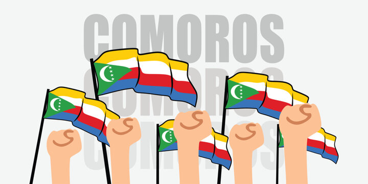 hand with flag of the Comoros or Comoros independence day vector illustration of Comoros flag with gray background banner or greeting card