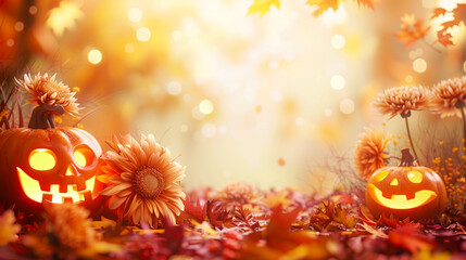 Pastel jack-o'-lanterns and cosmos flowers in dreamy autumn garden with central space