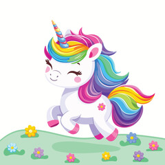 Very cute baby unicorn with beautiful bright colored hair on white background with flowers. Poster, banner, flyer, greeting card. Vector illustration in flat cartoon style