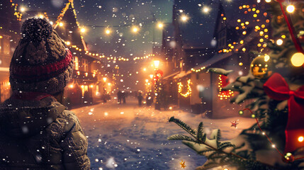 Child admiring Christmas lights in snowy village at night