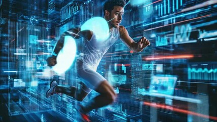 A runner bursts through a digital data stream, showcasing technological integration in fitness - Powered by Adobe