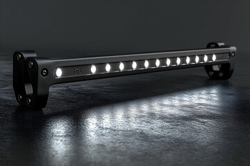 Black light fixture with evenly spaced LEDs on a textured surface emitting bright white light