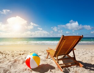 beach chair with beach ball on sandy beach under sunny sky